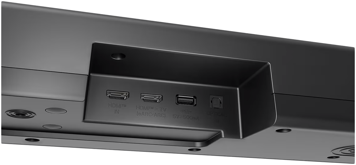 Közelkép egy fekete soundbarról, HDMI bemenettel, HDMI TV-vel, USB-vel és optikai bemenettel.
