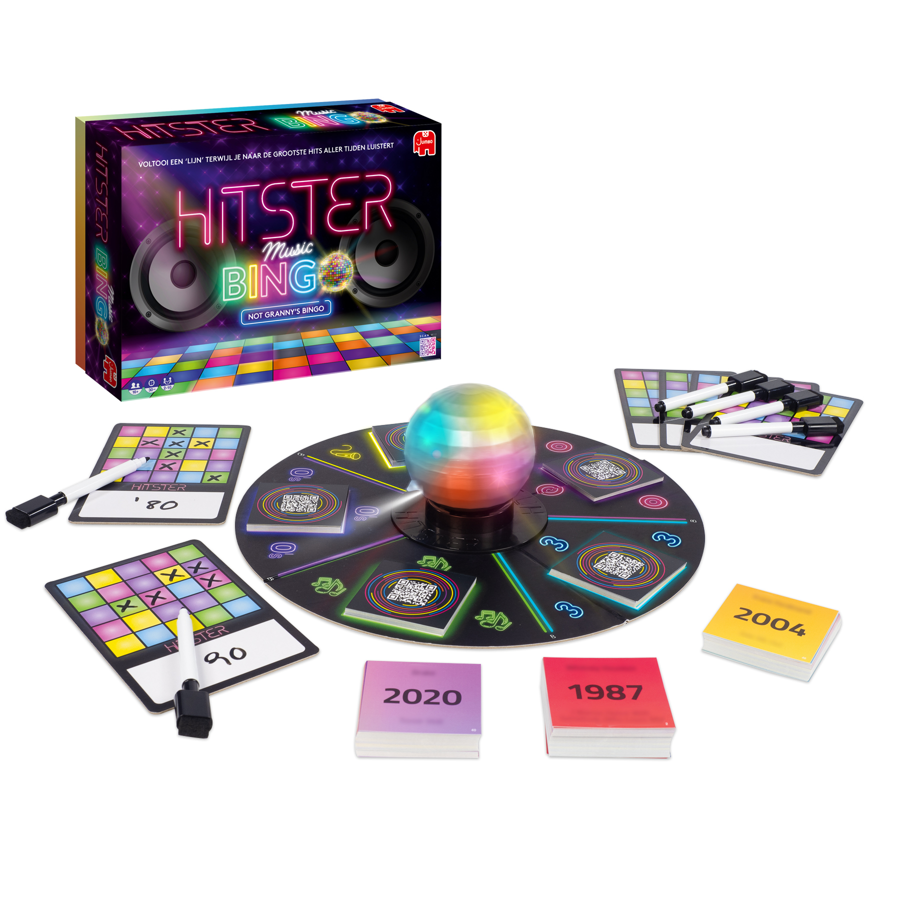 HITSTER Music Bingo game set with colorful orb and cards on white.