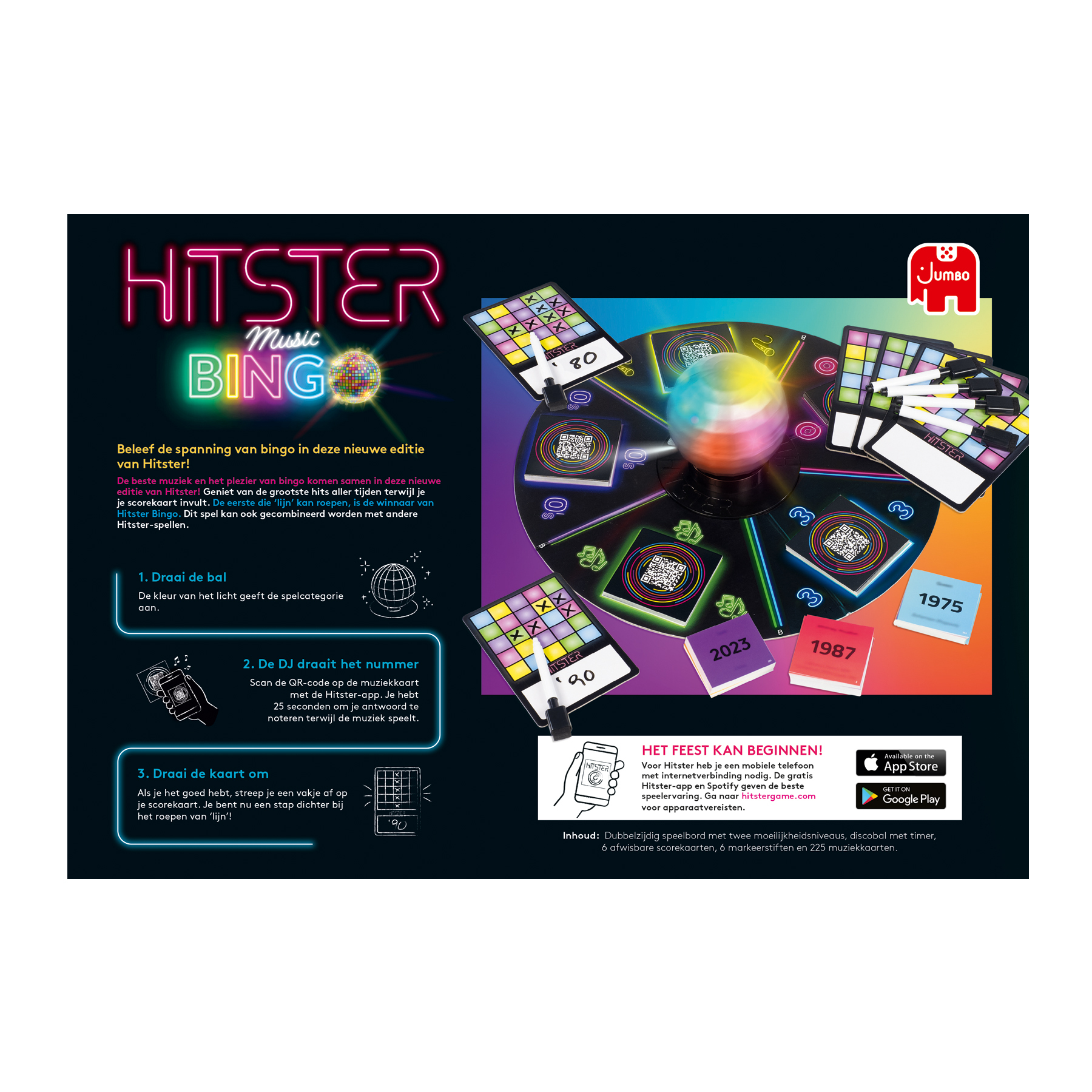Board game box and components are displayed. Includes a spinner, cards, a game board and instructions.
