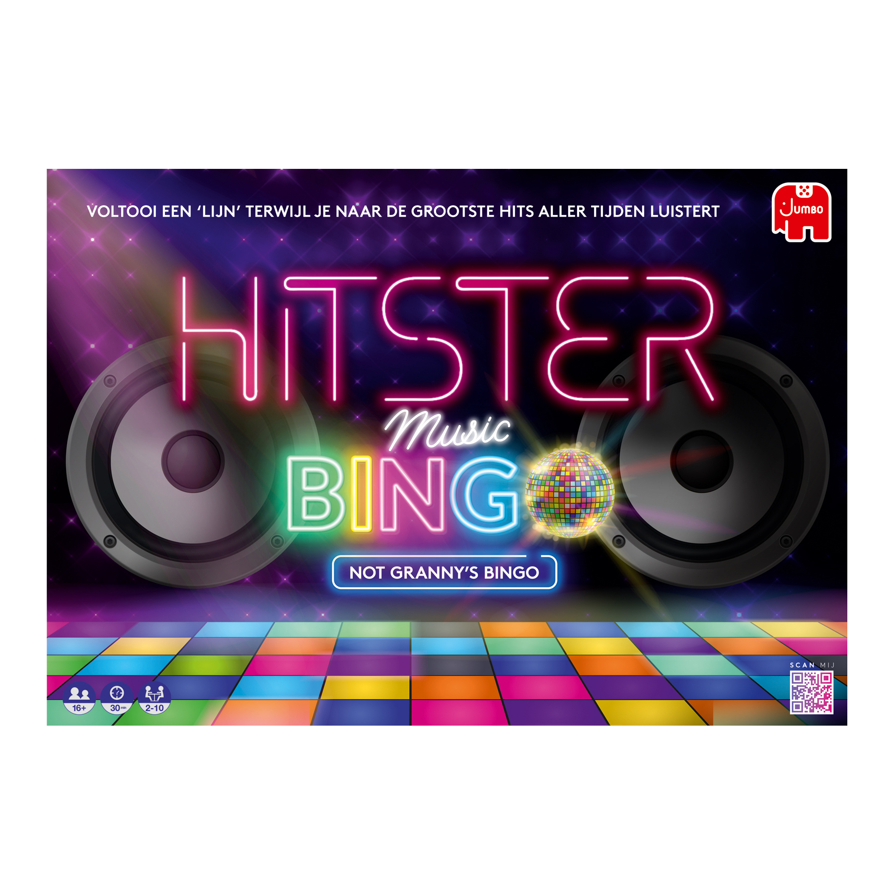 A board game box with a music theme. Colorful design with speakers and disco ball.