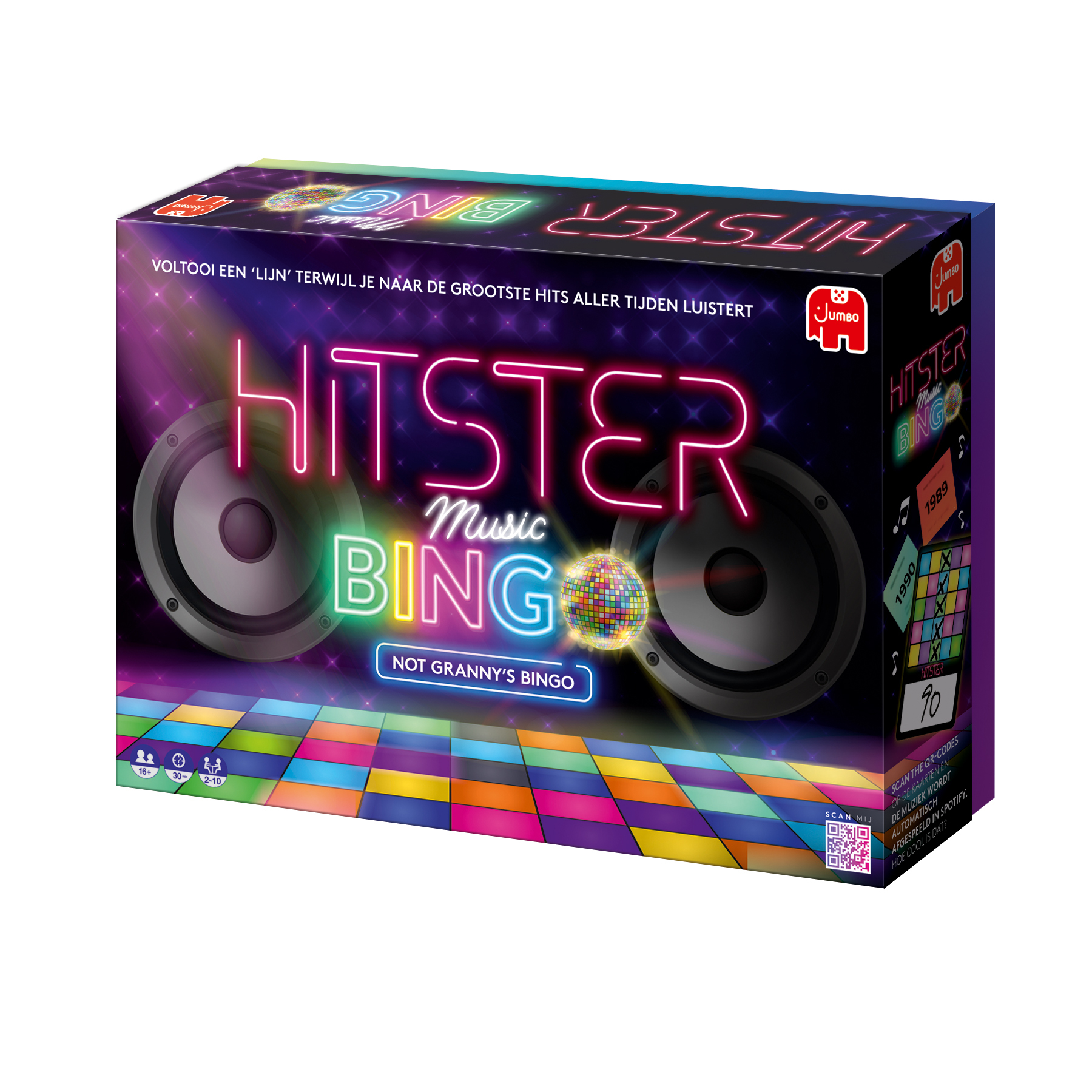 A box for the game Hitster Music Bingo, with speakers and a disco ball on the front.
