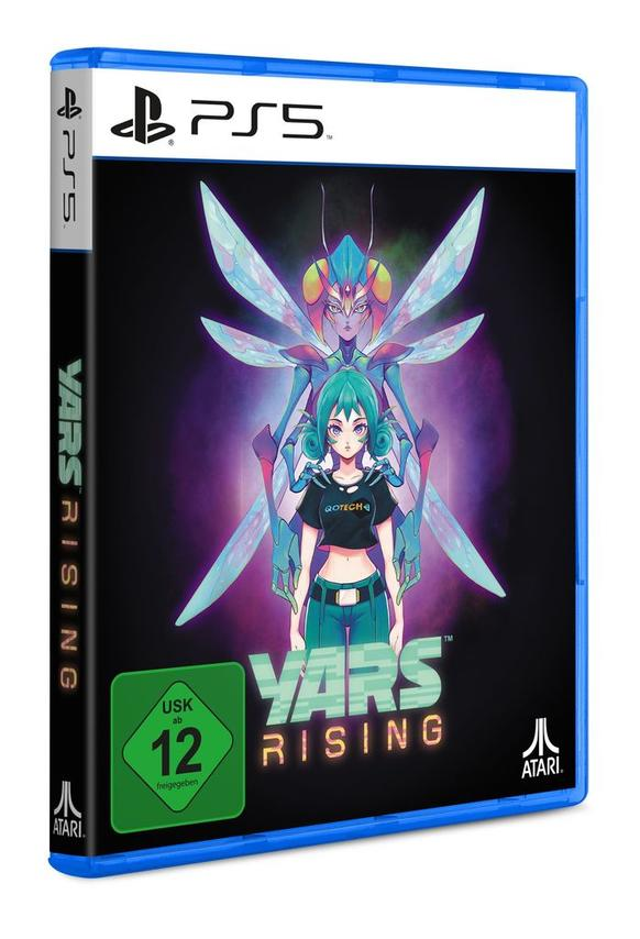 Yars Rising PS5-Spielhülle. Enthält eine Frau mit insektenartigen Flügeln und Titeltext.