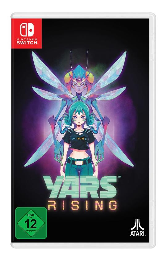 Nintendo Switch Spielbox mit einer weiblichen Figur vor einem blauen insektenartigen Wesen. Titel: Yars Rising.