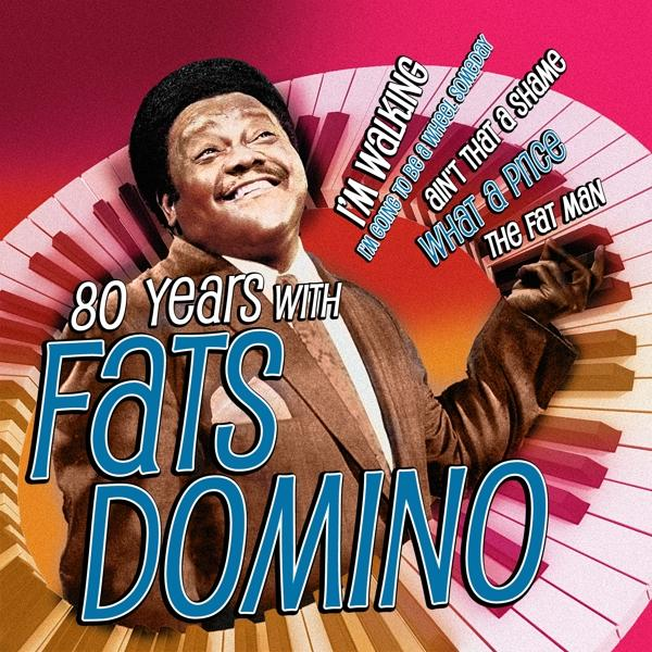 Albumcover von Fats Domino. Er lächelt, und Textblasen mit Songtiteln umgeben ihn. Klaviertasten im Hintergrund.