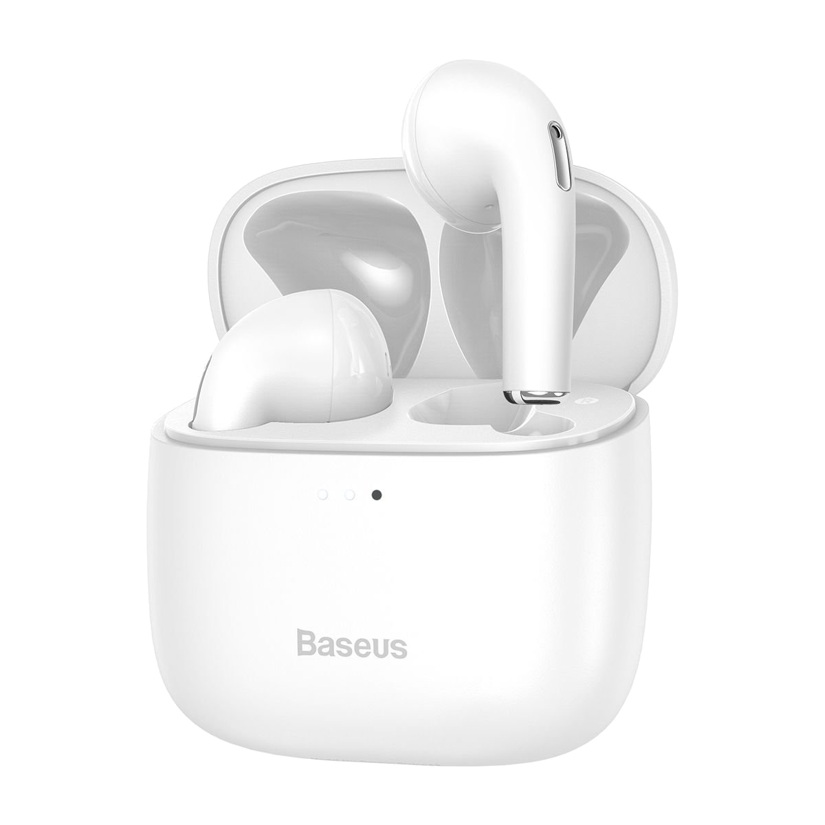 Baseus logosu ile şarj kutusunda beyaz Baseus kulaklıkları.