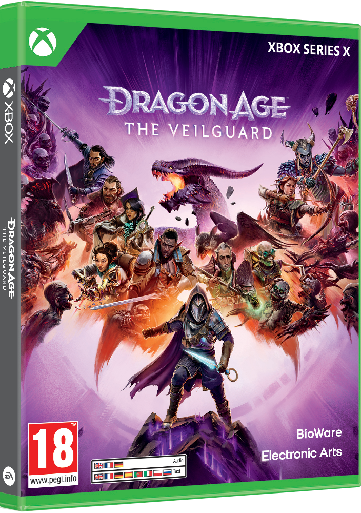 Videospiel-Boxart für Dragon Age: The Veilguard, mit Krieger und Charakteren.