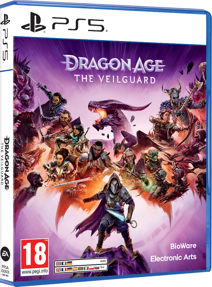Dragon Age: The Veilguard Spielbox. PS5-Logo. Charaktere und Drachen-Artwork.