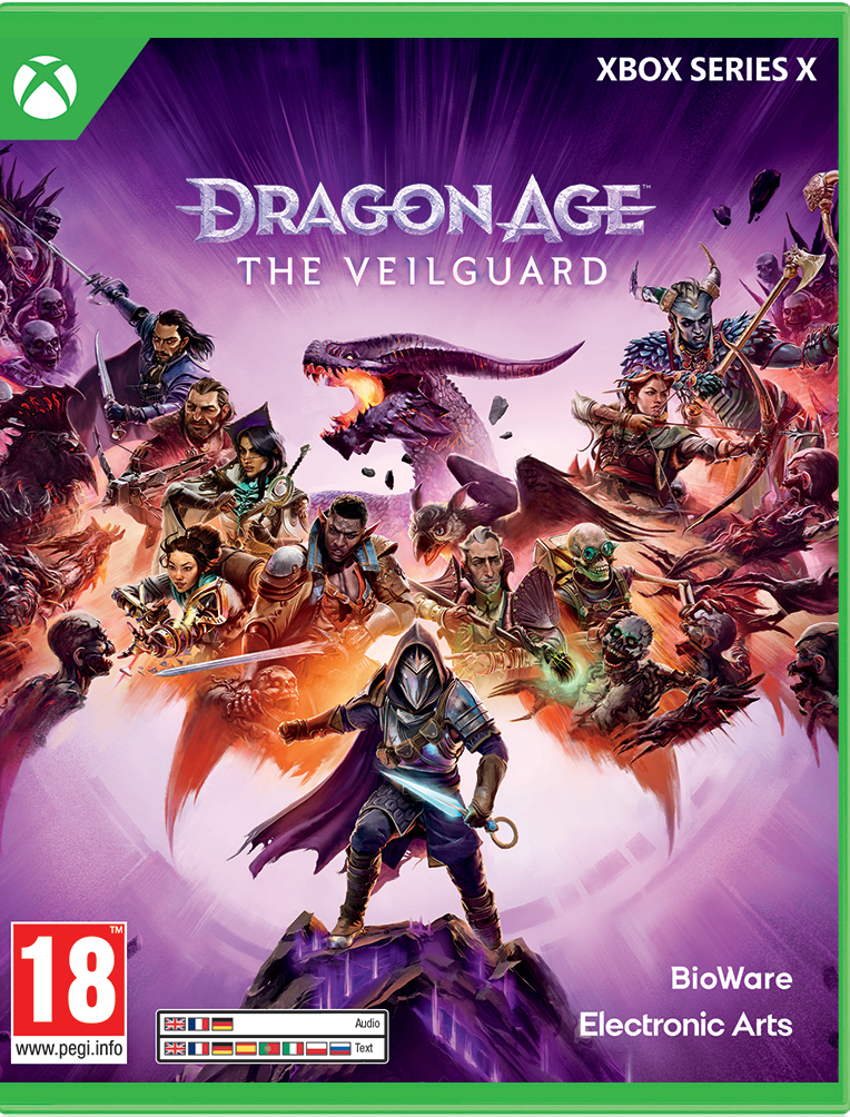 Xbox-Spielcover: Dragon Age, Charaktere und ein Drache. Lila Hintergrund.
