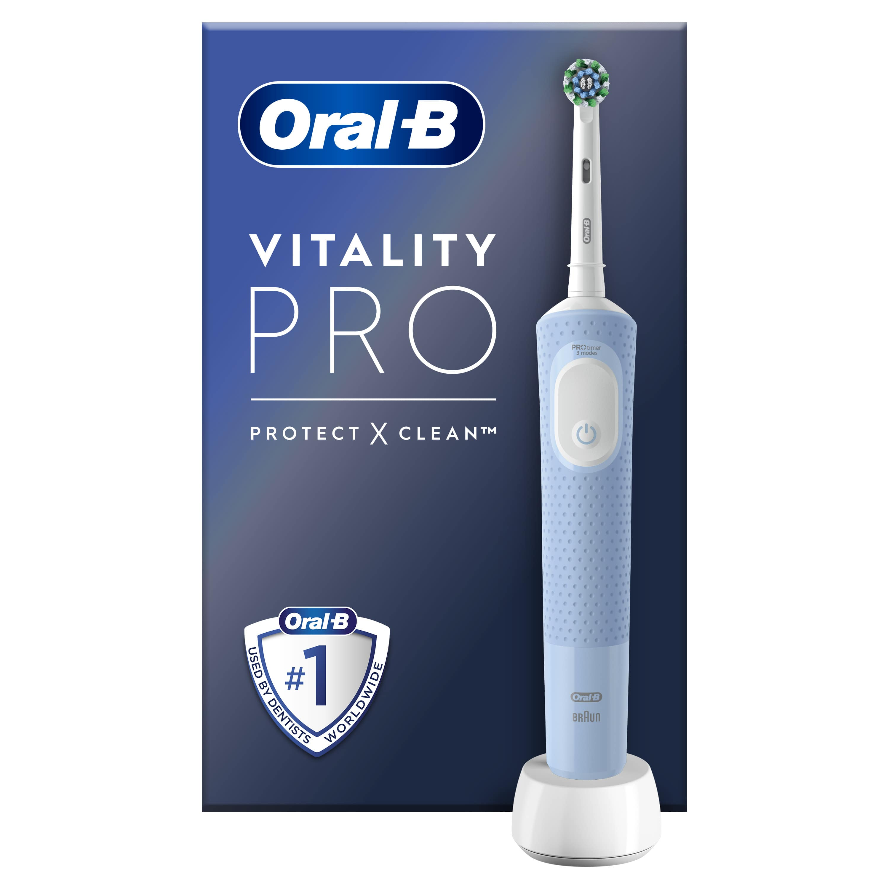 Oral-B elektrikli diş fırçası ve şarj standı kutunun yanında gösteriliyor.