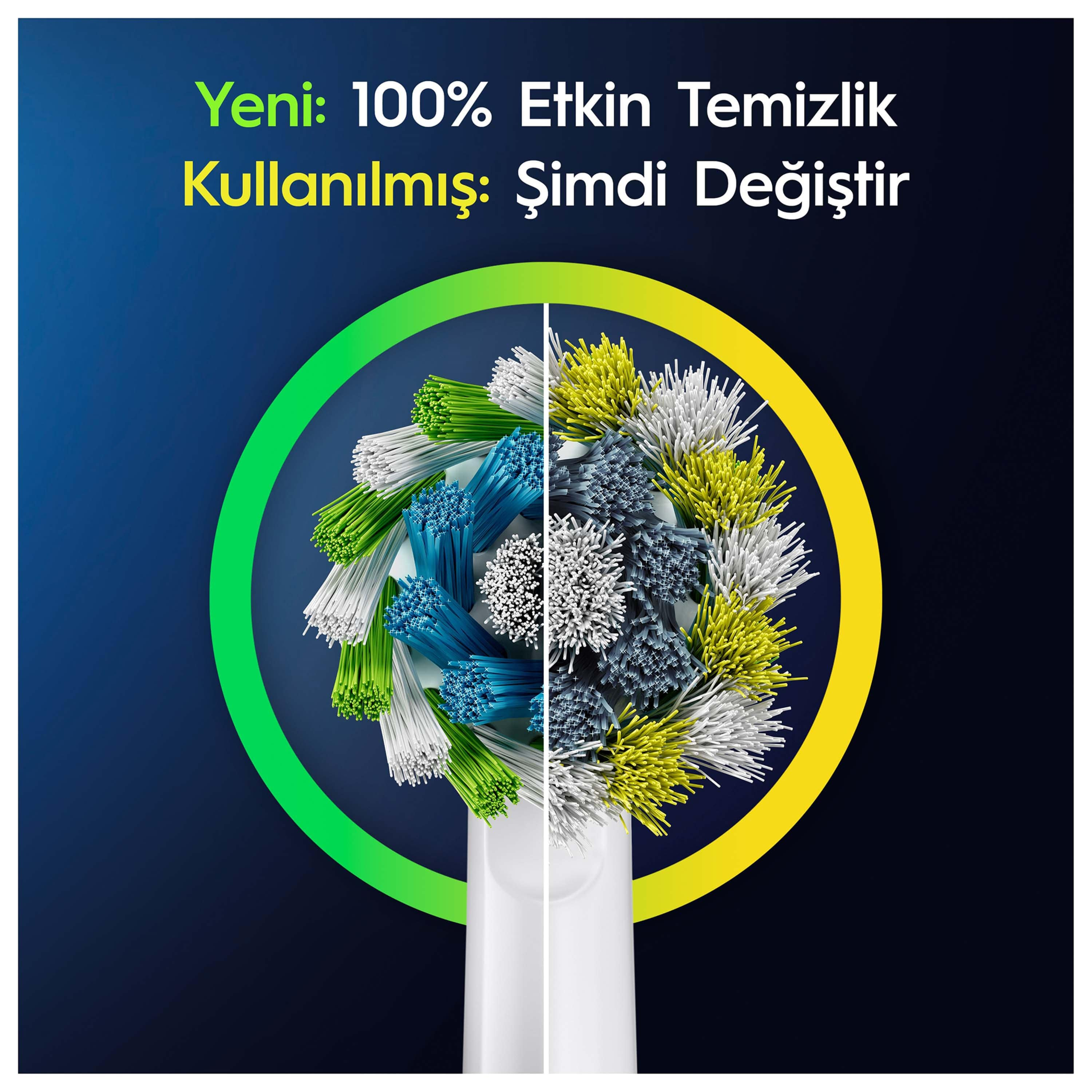Diş fırçası başlığının yakın çekimi, yeni ve kullanılmış kısımlar, Türkçe metin.