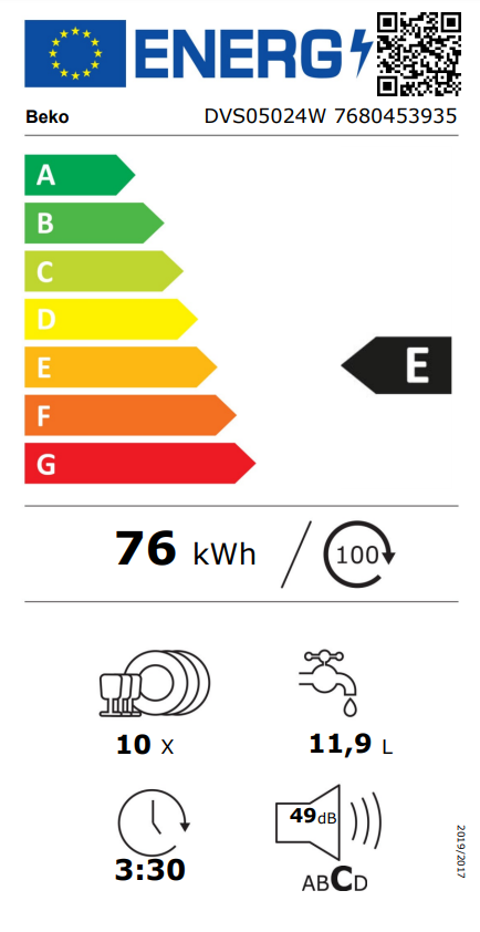 Energia címke mosogatógéphez. E energiaosztály, 76 kWh, 10 teríték, 11,9L.