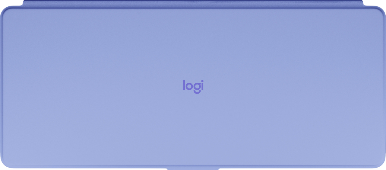 Eine hellviolette Tastaturabdeckung mit dem Logitech-Logo in der Mitte.