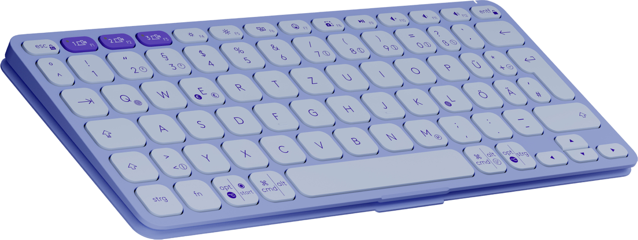 Helllila Tastatur, mit sichtbaren Tasten, auf schwarzem Hintergrund. Draufsicht.