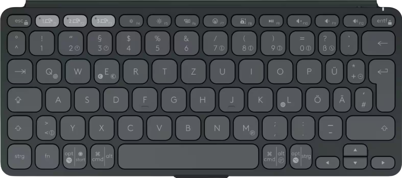 Eine dunkelgraue Tastatur mit schwarzen Tasten. Die Tastatur hat deutsches Layout.