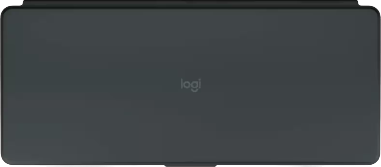 Eine dunkelgraue Tastatur mit dem Logo 'logi' in der Mitte. Die Tastatur ist glatt.