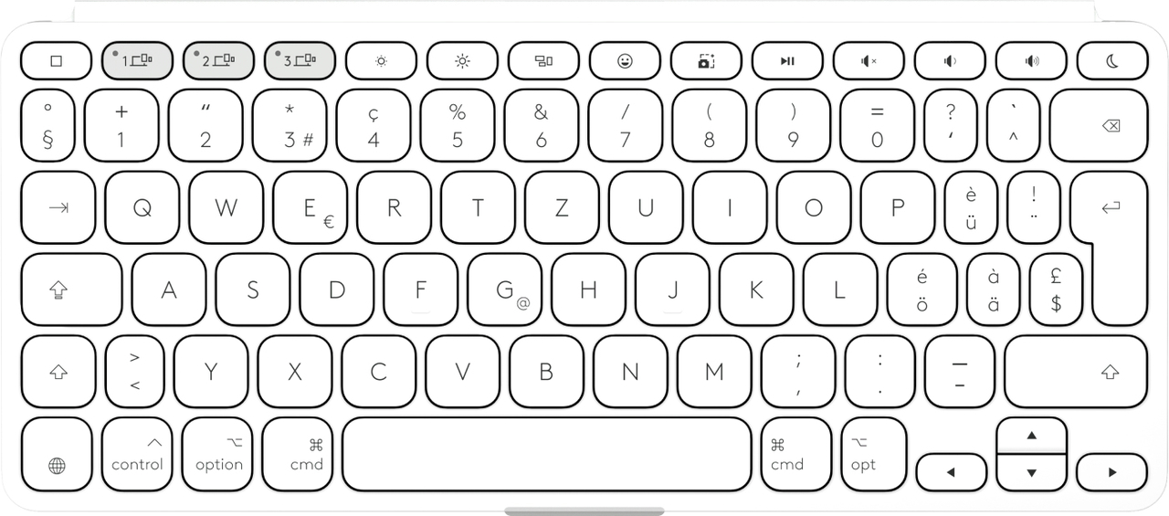 Eine weiße Tastatur mit vielen Tasten. Einige Tasten sind mit Symbolen und Sonderzeichen markiert.