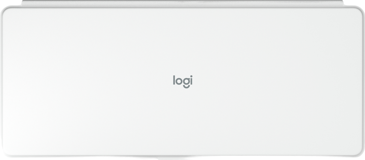 Weiße Logitech-Tastatur, Draufsicht, ebene Oberfläche.