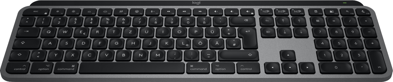Schwarze Tastatur mit silbernem Rahmen, Draufsicht.