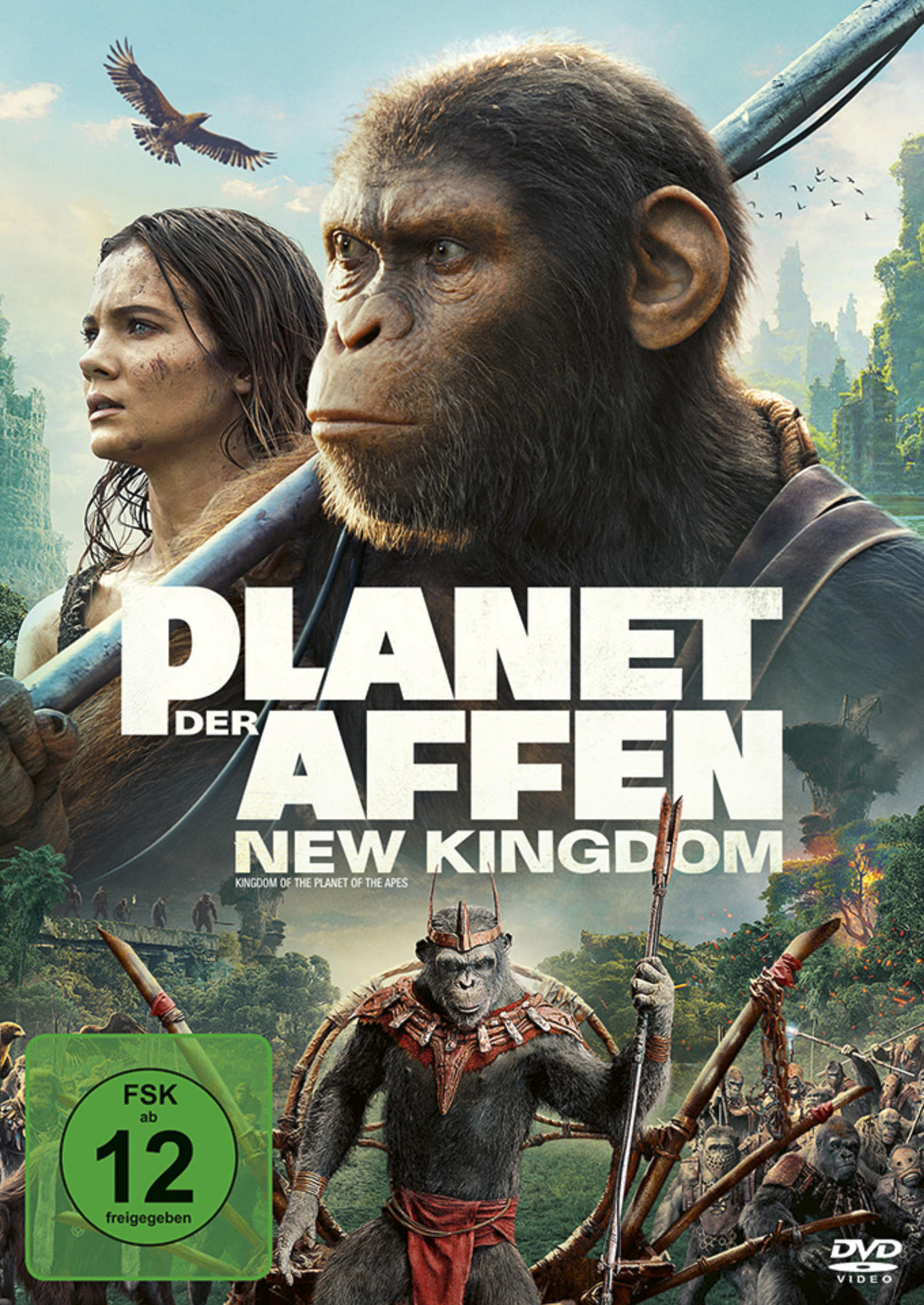 Filmposter: Planet der Affen, New Kingdom, mit Affen und Menschen in einem Dschungel.