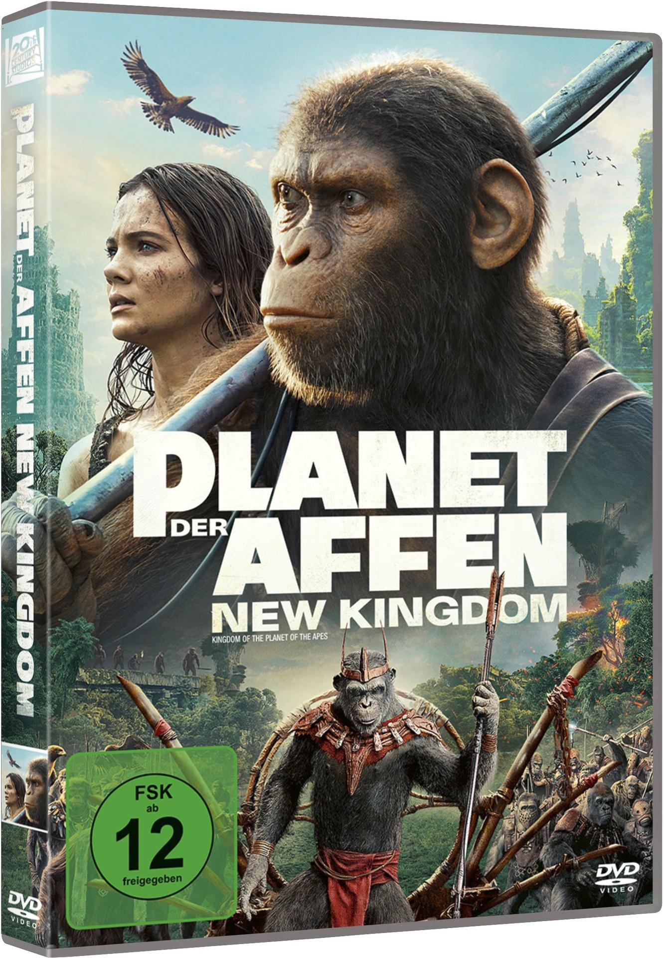 DVD-Cover für 'Planet der Affen: New Kingdom'. Zeigt Affen und Menschen.