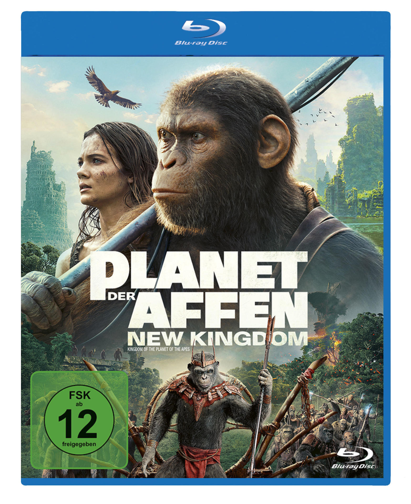 Blu-ray-Disc-Hülle für 'Planet der Affen: New Kingdom' mit Affen und einer Frau.