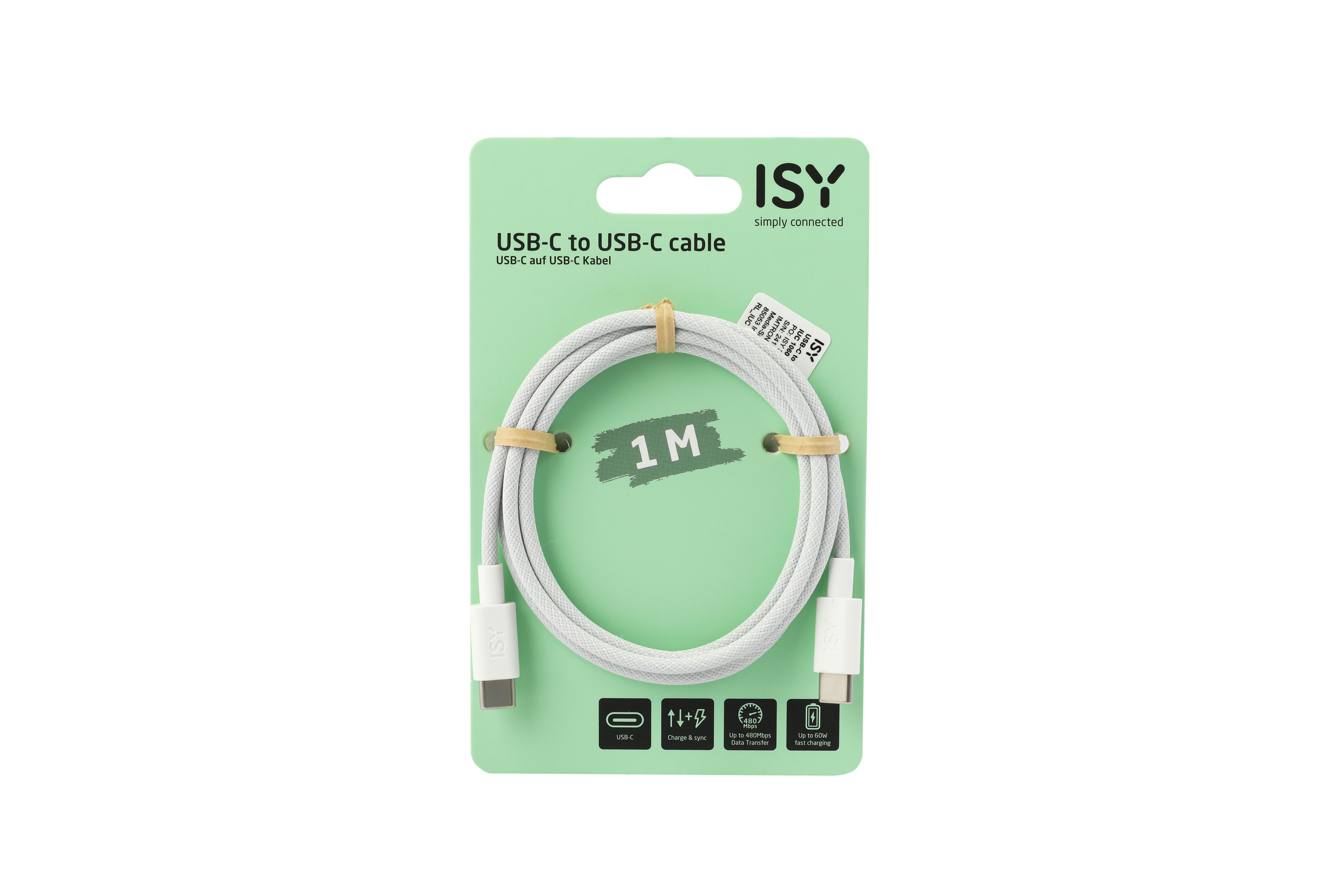 Weißes USB-C-zu-USB-C-Kabel auf einer grünen Karte aufgerollt, mit sichtbaren Anschlüssen. Text: 1M.