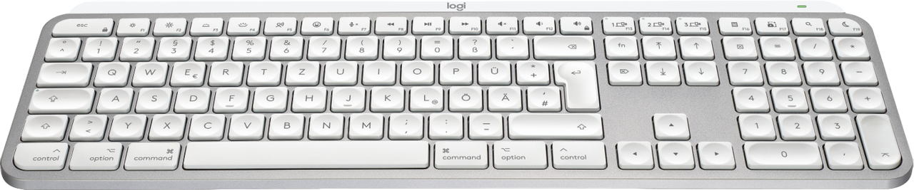 Eine silberne Computertastatur mit weißen Tasten, die Buchstaben, Zahlen und Funktionstasten anzeigt.