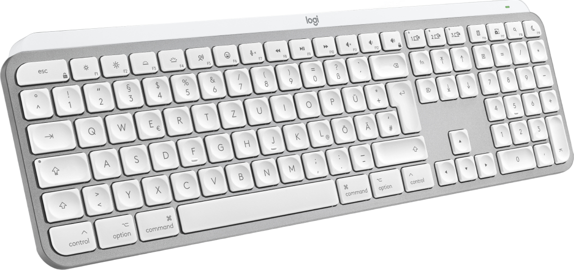 Weiße Tastatur mit weißen Tasten und silbernem Rahmen, mit Logi-Logo.