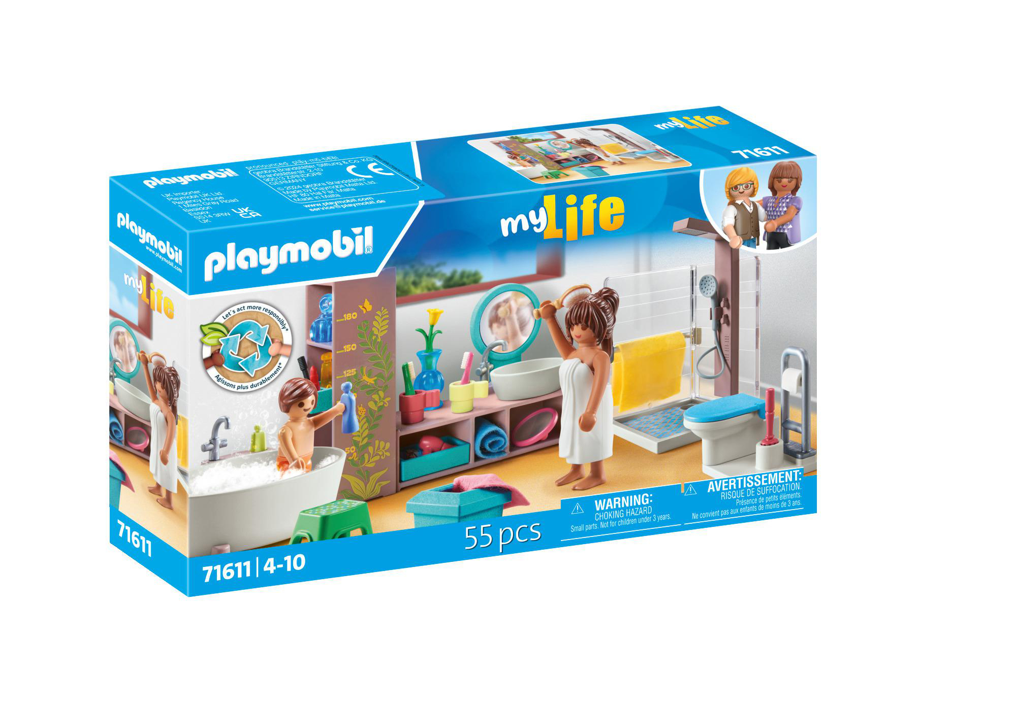 Playmobil Badezimmer-Set-Box. Enthält Figuren, Wanne und Zubehör, mit einem Bild des Sets auf der Box.