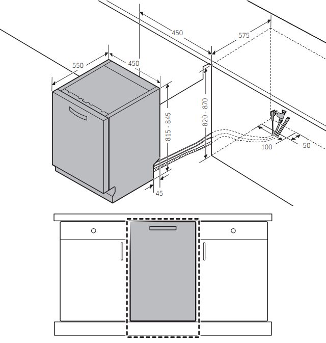 Beépített mosogatógép diagramja méretekkel. A készüléket egy szekrényben mutatja, mm-ben megadott méretekkel.