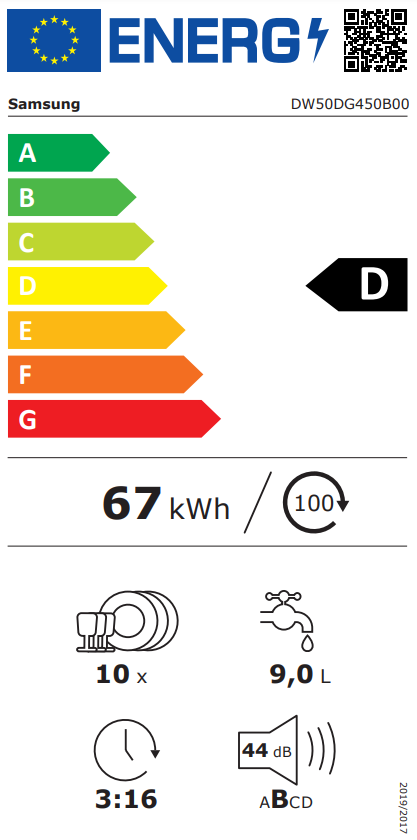 Energia címke egy Samsung mosogatógéphez. D energiahatékonysági besorolás.
