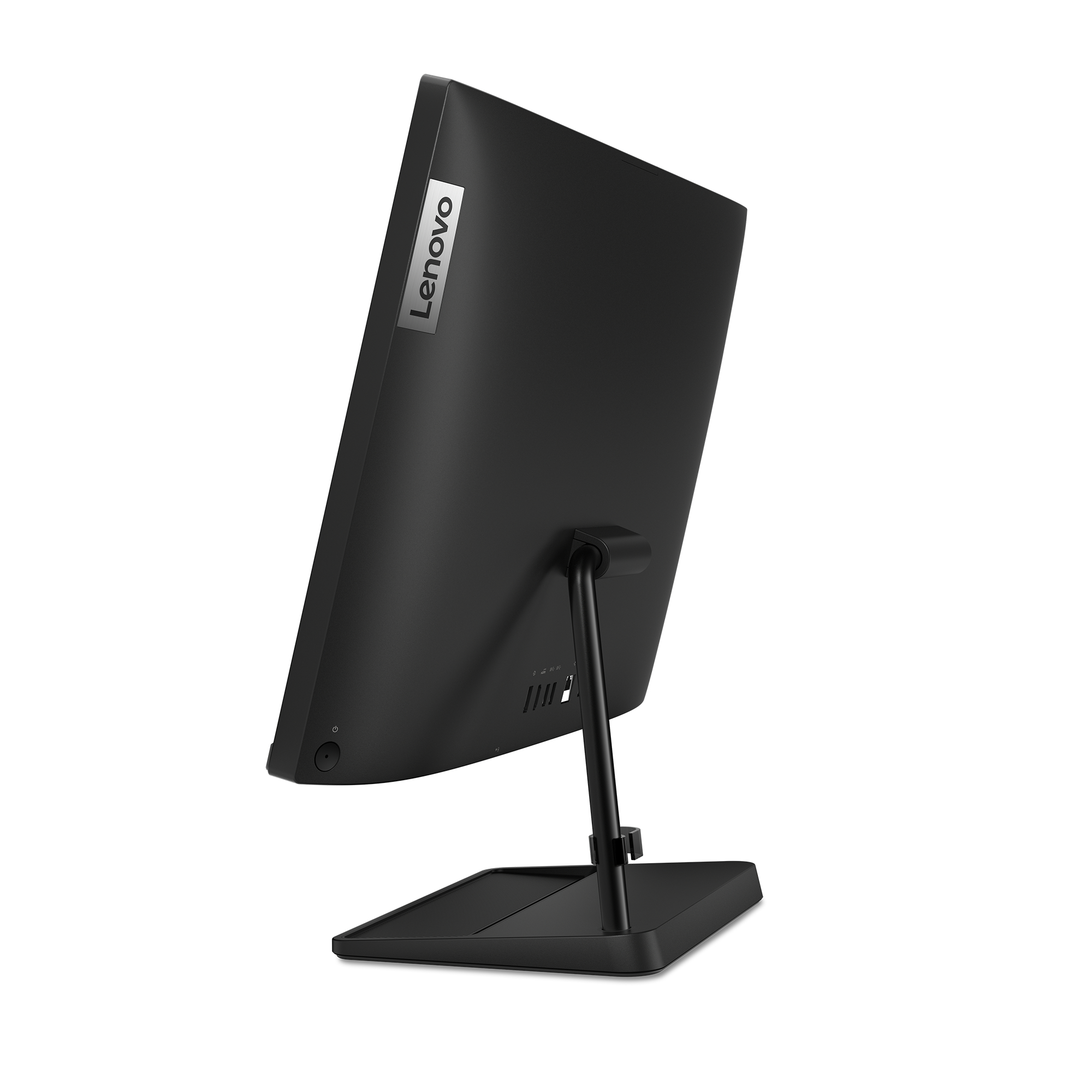 Seitenansicht eines schwarzen Lenovo-Computermonitors auf einem schwarzen Ständer.