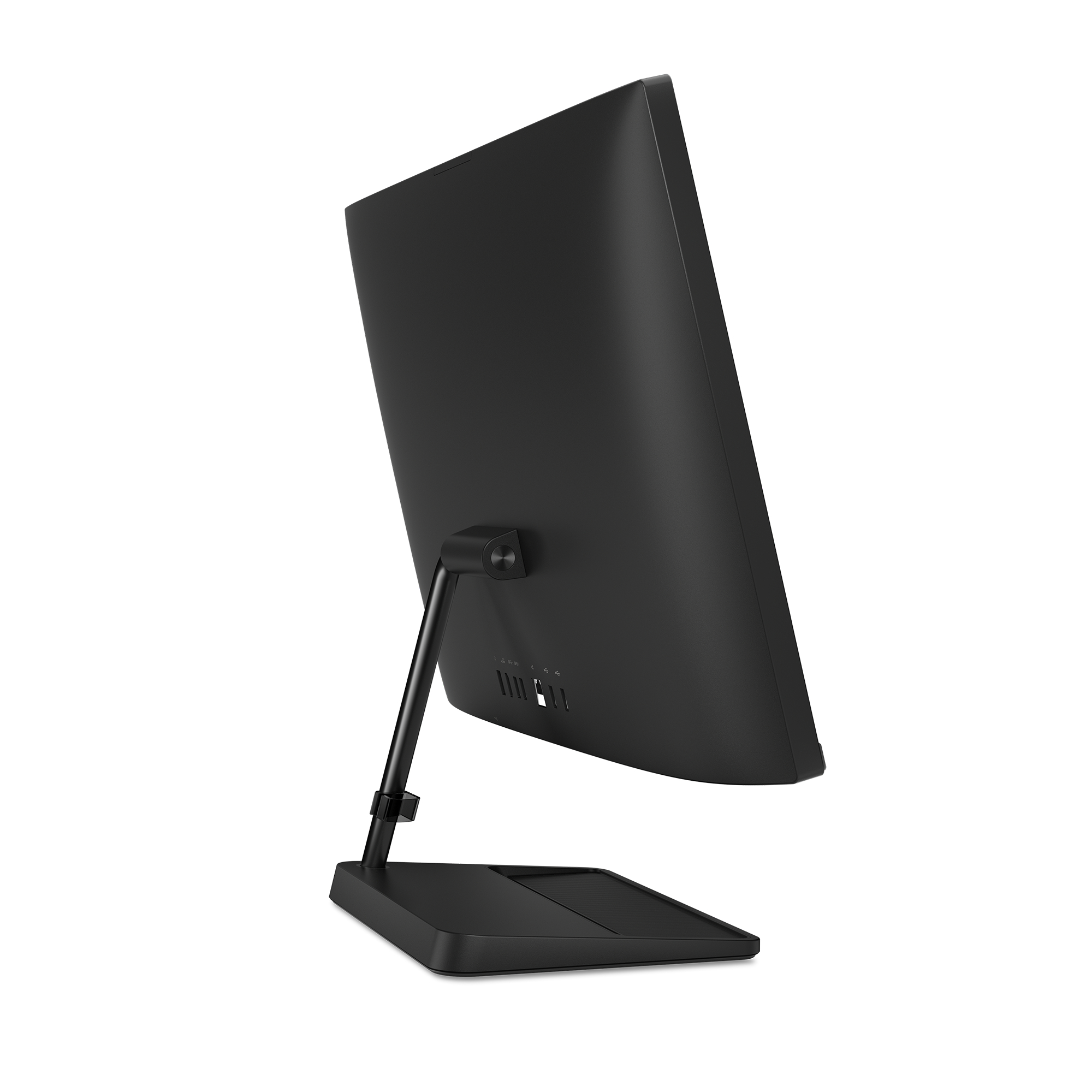 Schwarzer Computermonitor mit schwarzem Ständer. Die Rückseite des Bildschirms ist sichtbar.
