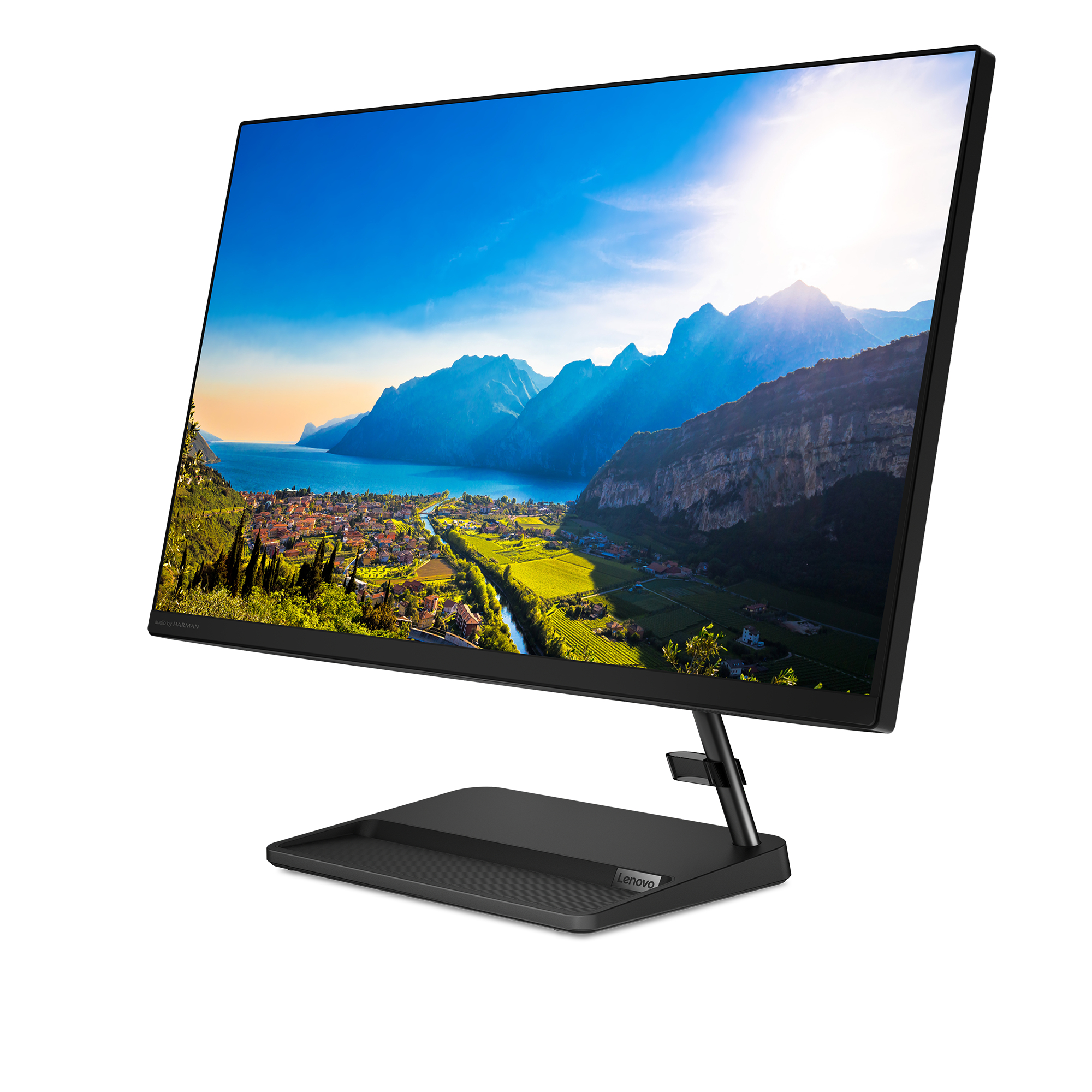 Ein moderner Monitor zeigt eine malerische Landschaft auf einem Ständer. Der Hintergrund ist weiß.