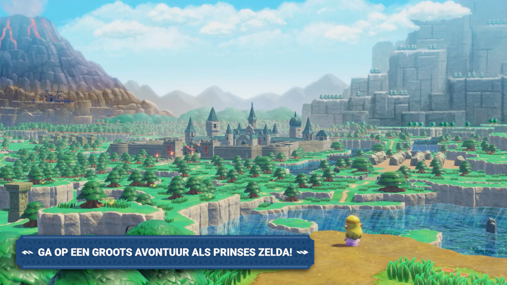 Zelda game scene. Kasteel, bergen, water, tekstbanner.