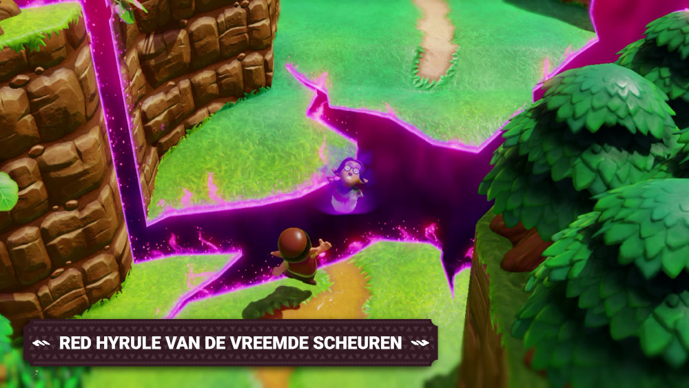 Een levendige videogame-scène met twee personages, een rood portaal en groen terrein.