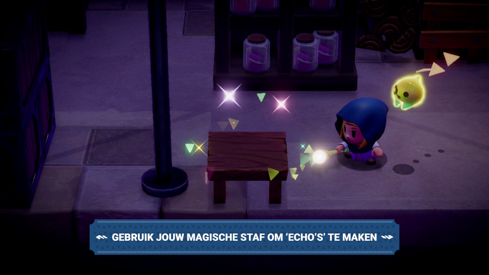 Een personage met een toverstafje interacteert met een houten tafel.