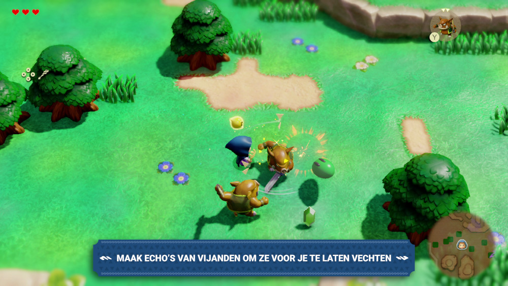 Een videogame scène met twee figuren die vechten tegen een monster in een veld.