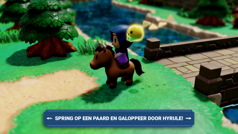 Een videogame scène met een personage op een paard, met tekst onderaan.
