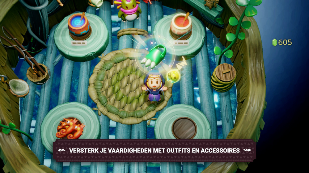 Een videogame-scène met een cartoonfiguur en verschillende items.