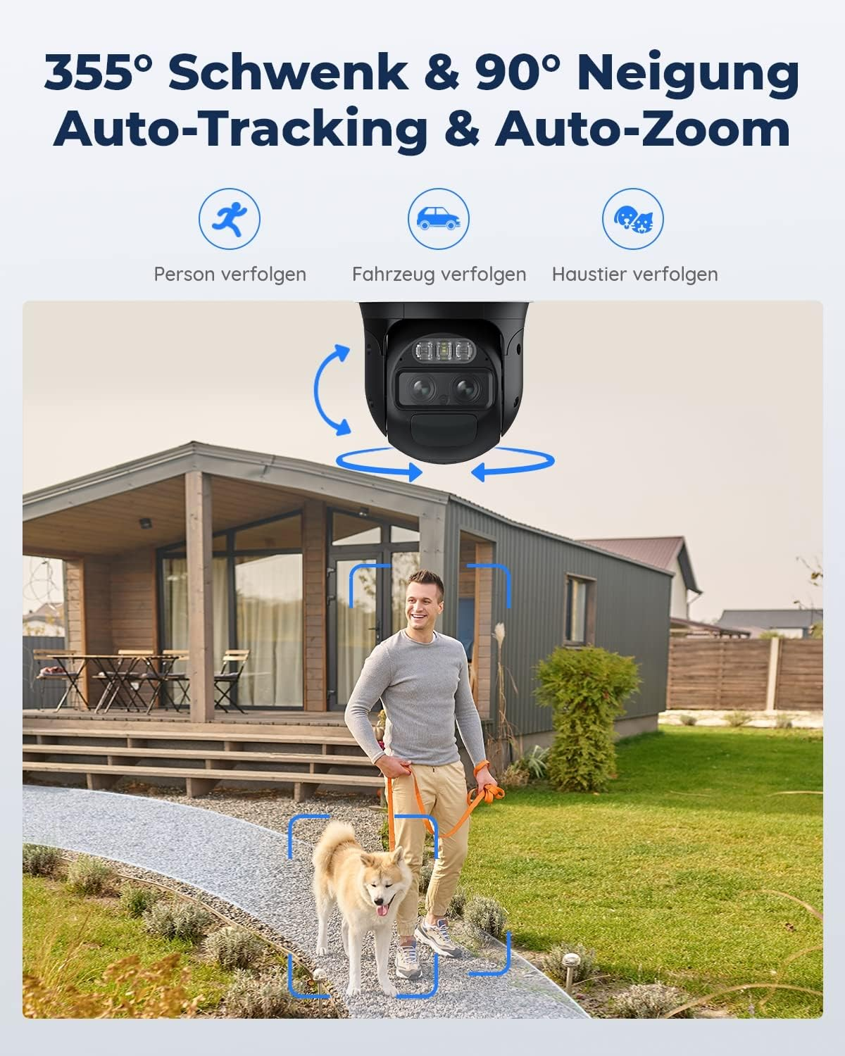 Person geht mit Hund im Garten, Kamera oben, Tracking-Boxen auf dem Bildschirm.