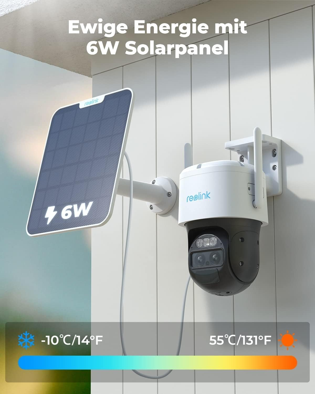 Eine weiß-schwarze Überwachungskamera an einer Wand mit Solarpanel und Temperaturanzeige.