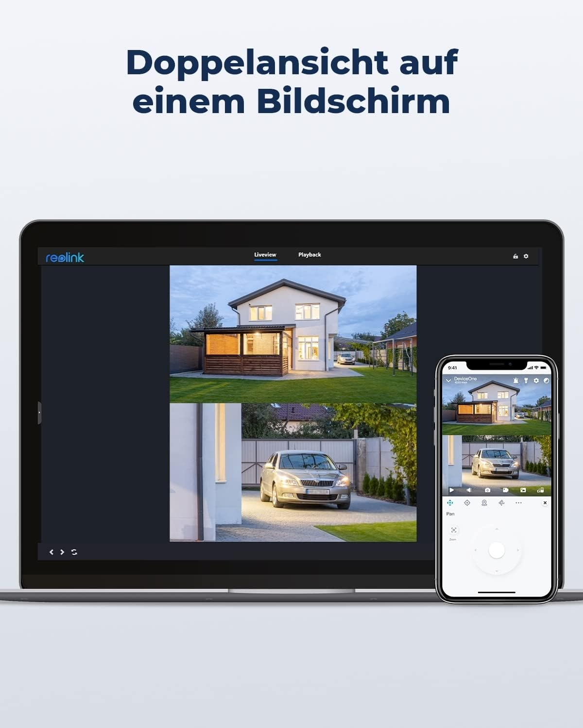 Tablet und Telefon zeigen Home-Security-App. Kamera-Feeds und Steuerung.