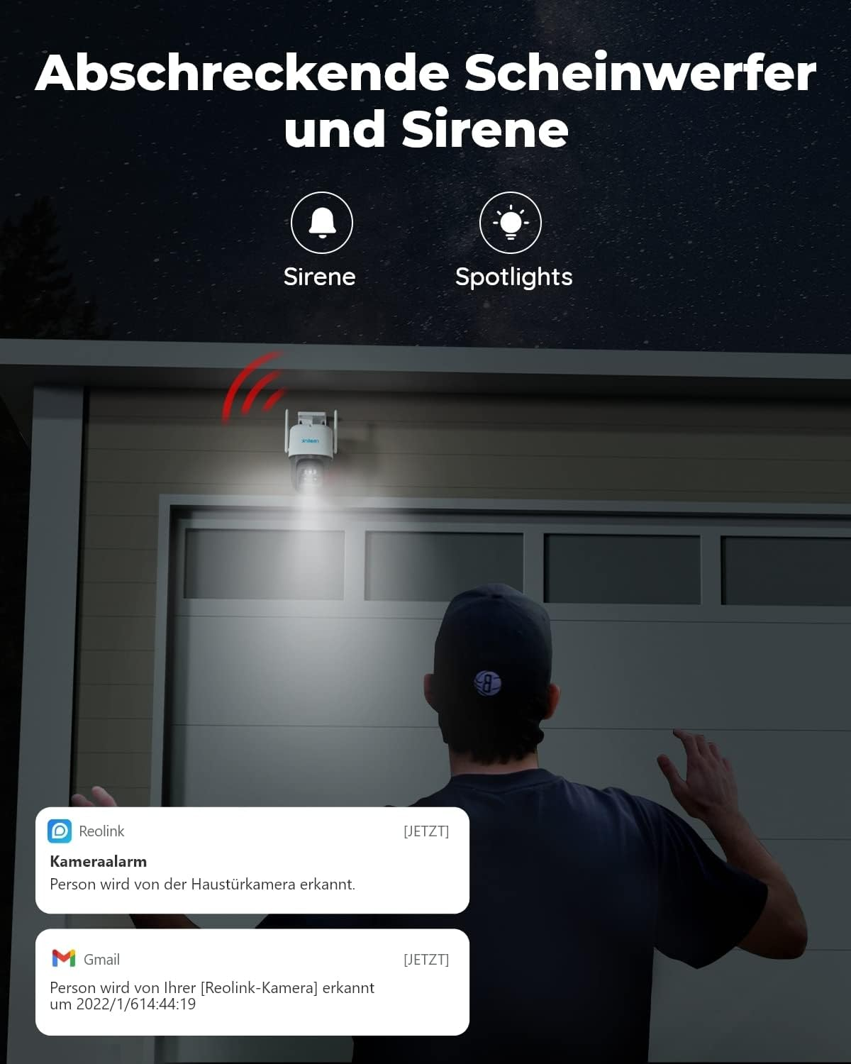 Person vor Garage mit Überwachungskamera und Benachrichtigung auf dem Telefon.