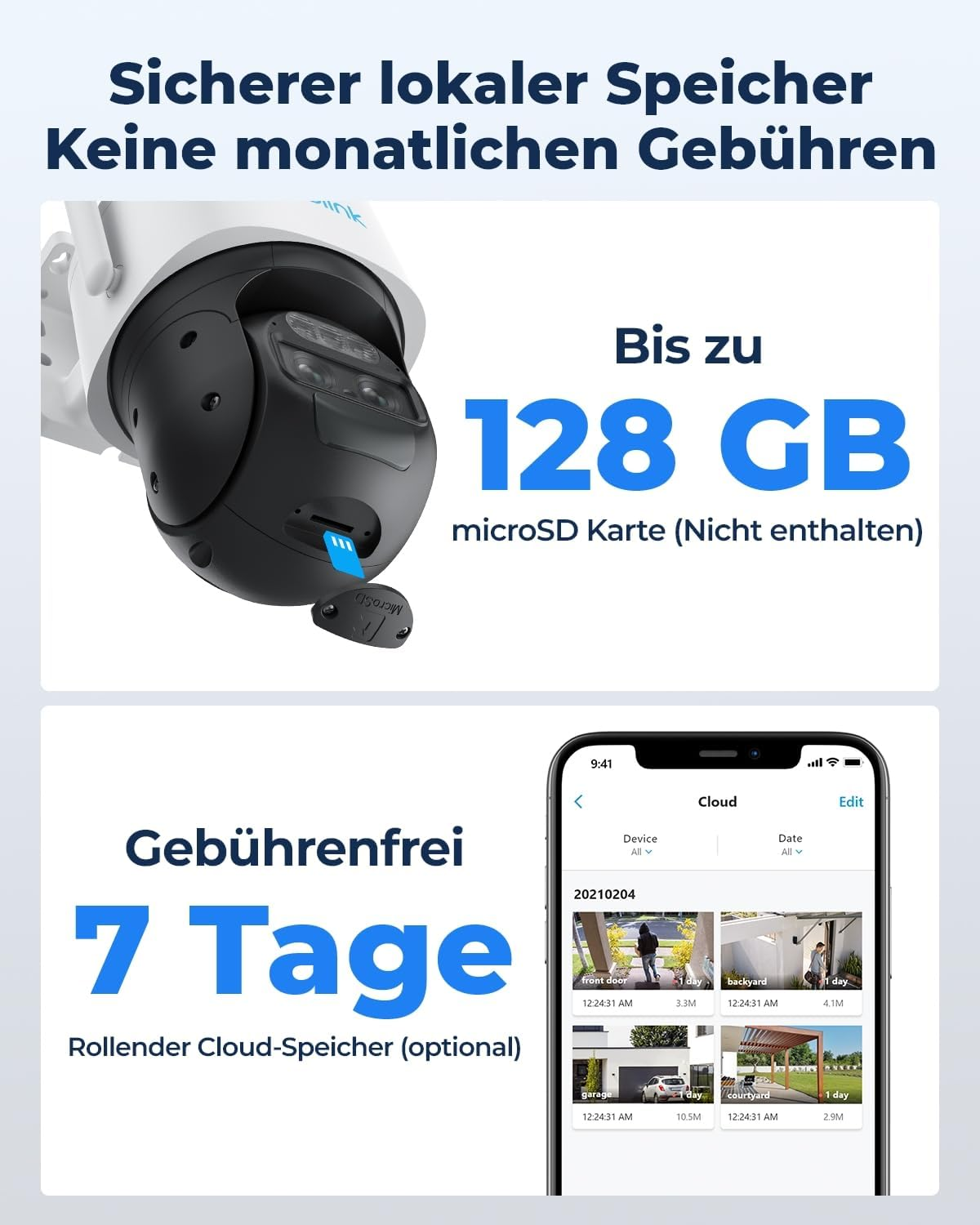 Überwachungskamera, Telefon-App mit Cloud-Speicherinfo.