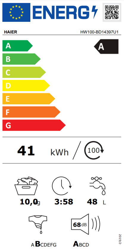 Haier mosógép energia címkéje: A besorolás, 41 kWh/100 ciklus, és egyéb részletek.