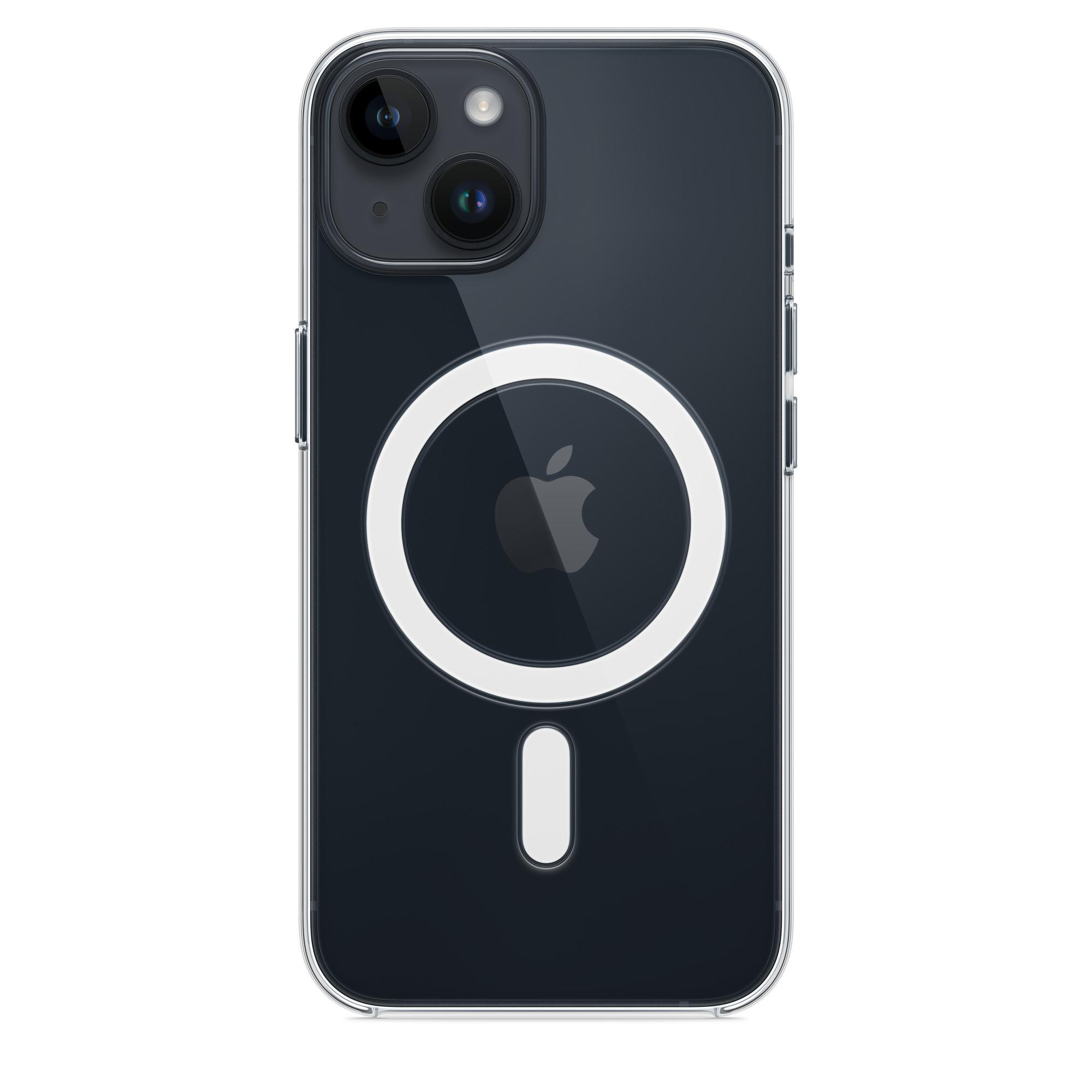 Eine schwarze iPhone-Hülle mit durchsichtigem Rücken, der das Apple-Logo und einen MagSafe-Kreis zeigt.