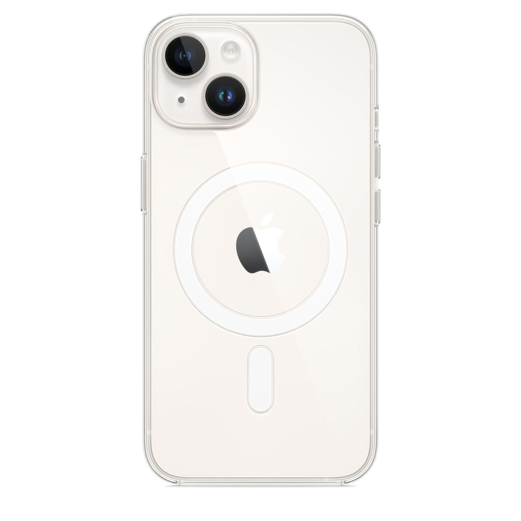 Rückseite eines iPhones in einer durchsichtigen Hülle, mit Apple-Logo und Kameramodul.