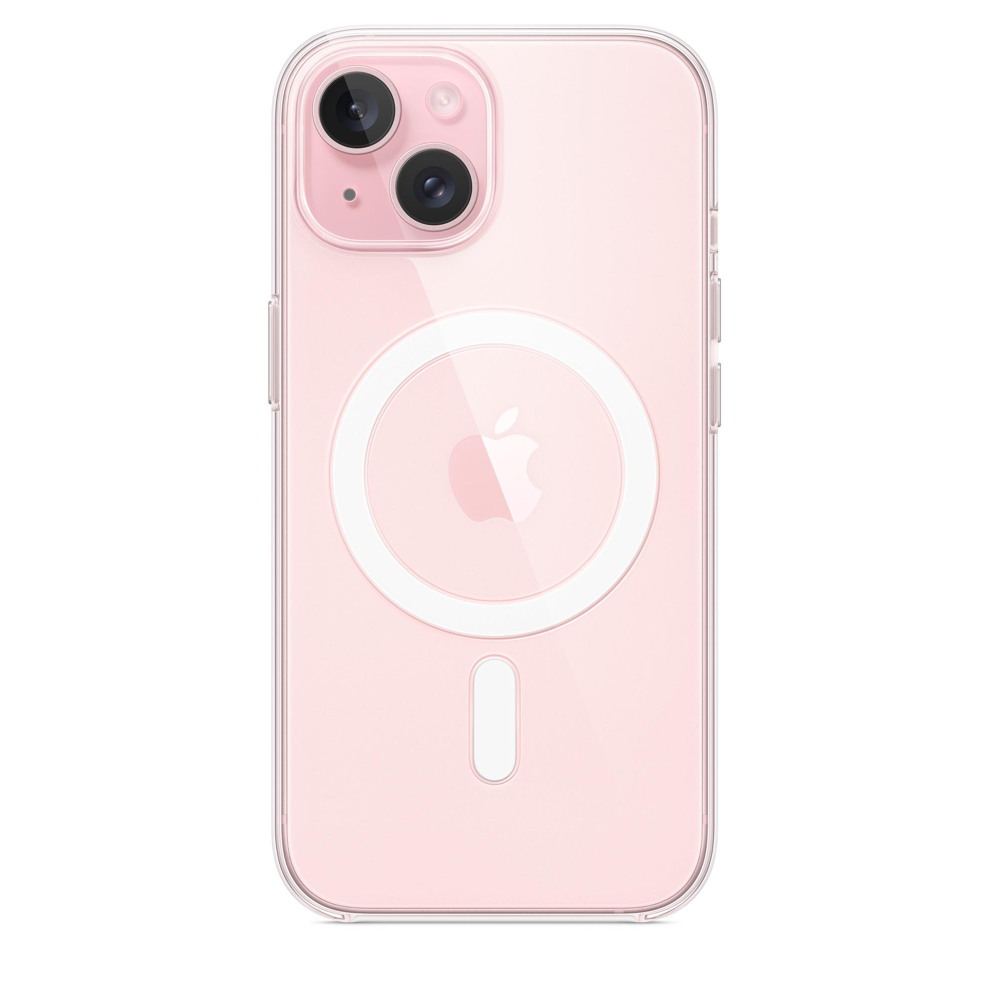 Die Rückseite eines pinkfarbenen iPhones mit transparentem Gehäuse, das Apple-Logo zeigend.