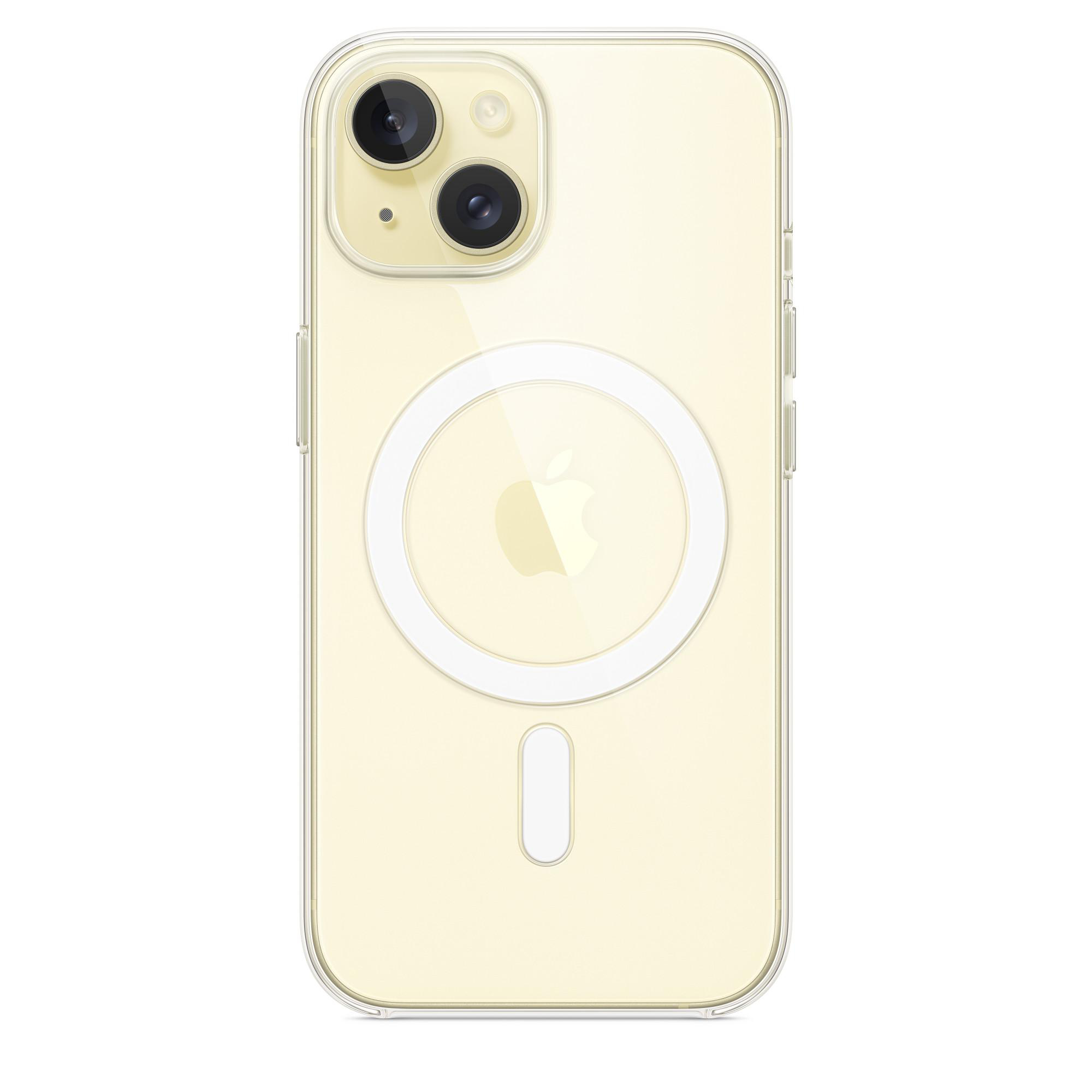 Transparente iPhone-Hülle mit zwei Kameralinsen und einem weißen Kreis mit Apple-Logo.